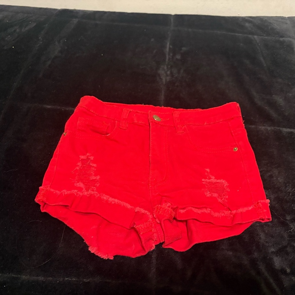 SHEIN Red Jean Shorts Distressed Cut-Off Style
